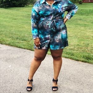 Plus Green Flame Tie Dye Tie Waist Shirt Dress